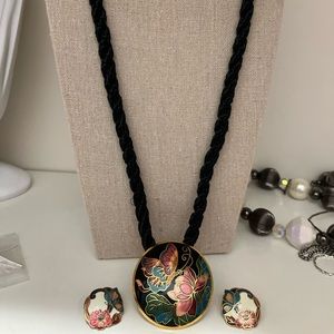 N120 New Cloisonné SET Pendant on Twisted Silk Cord Gold Caps Pierced Earrings